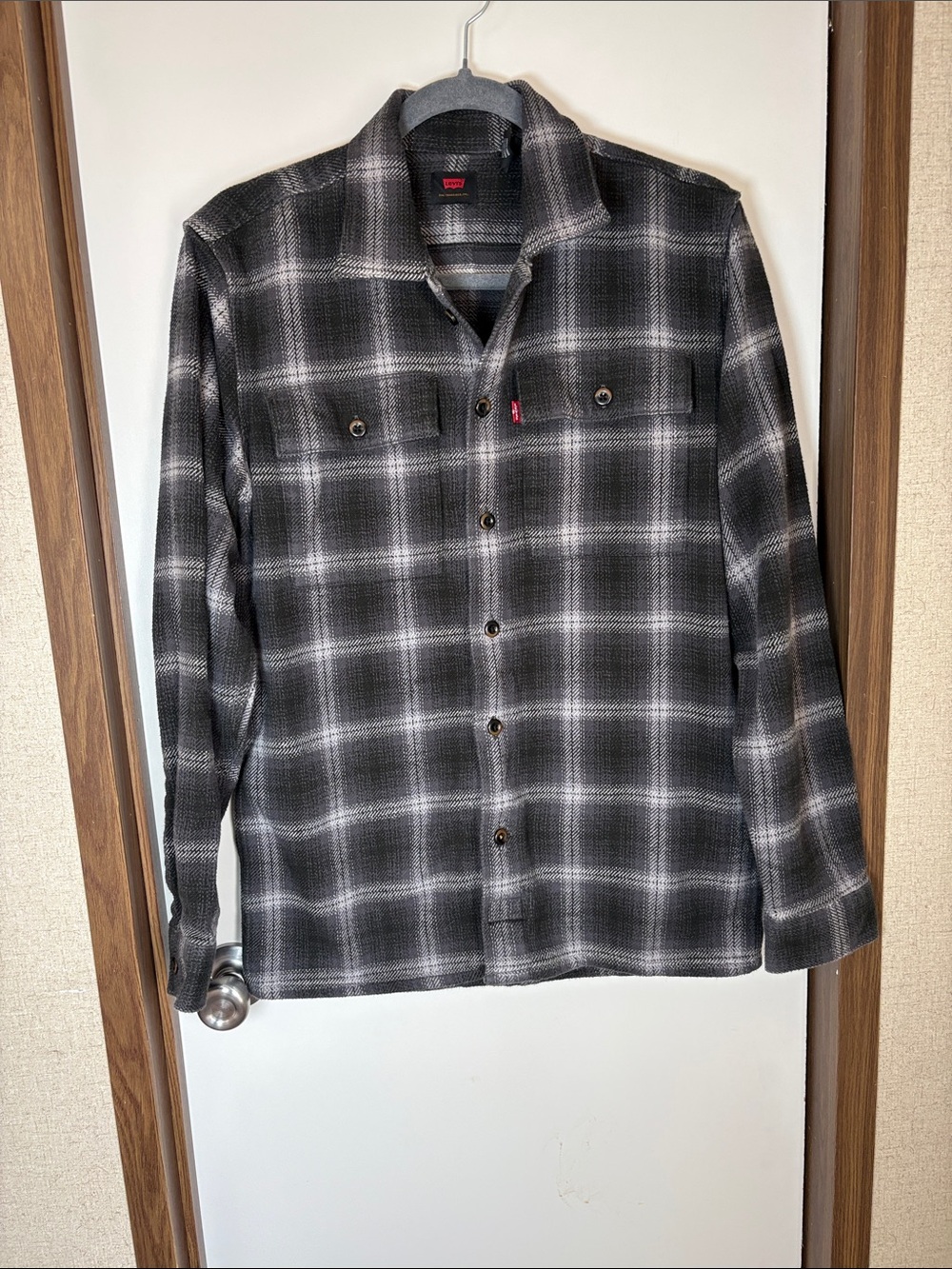 Levi's Men Plaid Flannel Shacket Overshirt S Gray Black Gorpcore Lumberjack